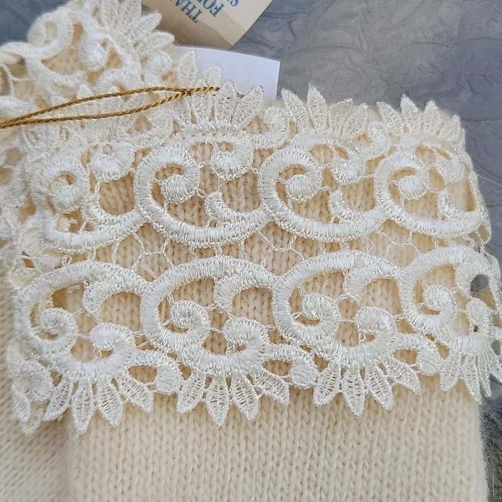 Carolina Amato Wool Angora Rabbit Hair Ivory Knit Laced Gloves sz.8 New